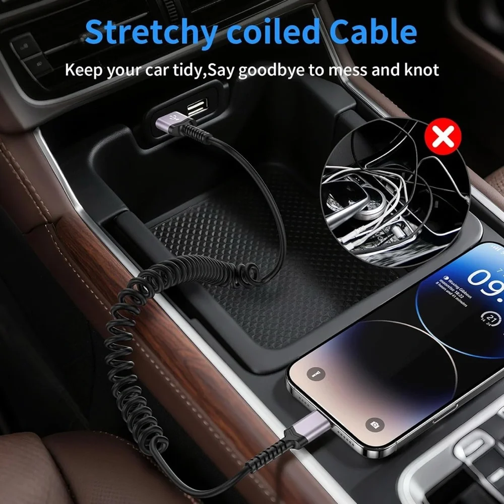 2 Pack Coiled Lightning Cable for Car Retractable iPhone Charger